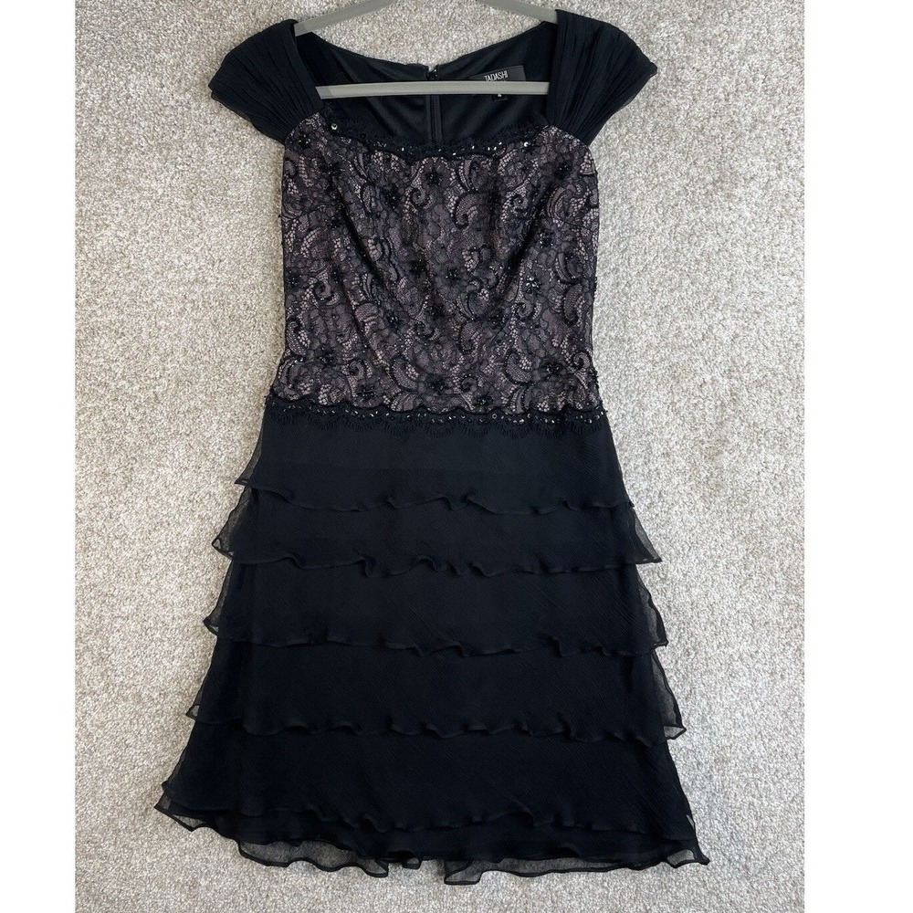 Tadashi Collection Dress Women 4 Black Silk Lace Tiered Ruffle Beaded OCC65151M